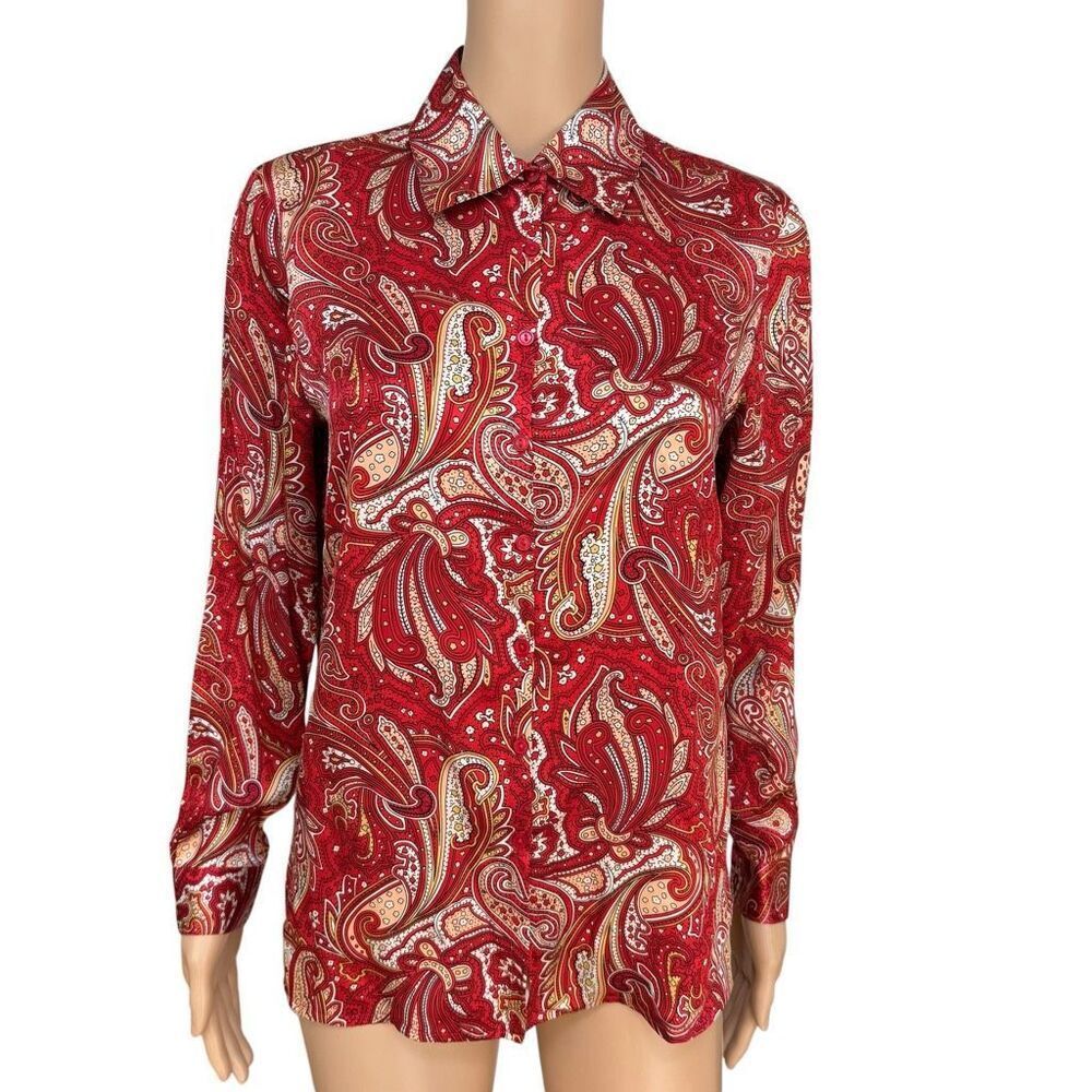 S.L.B. Vintage 100% Silk Red Paisley Button Up Blouse Retro Career size Sp